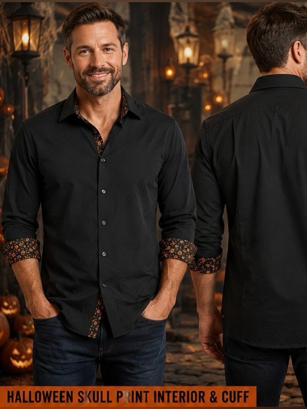 Tom Baine Halloween Collection Slim Fit Stretch ShirtMen's Medium Black Skull